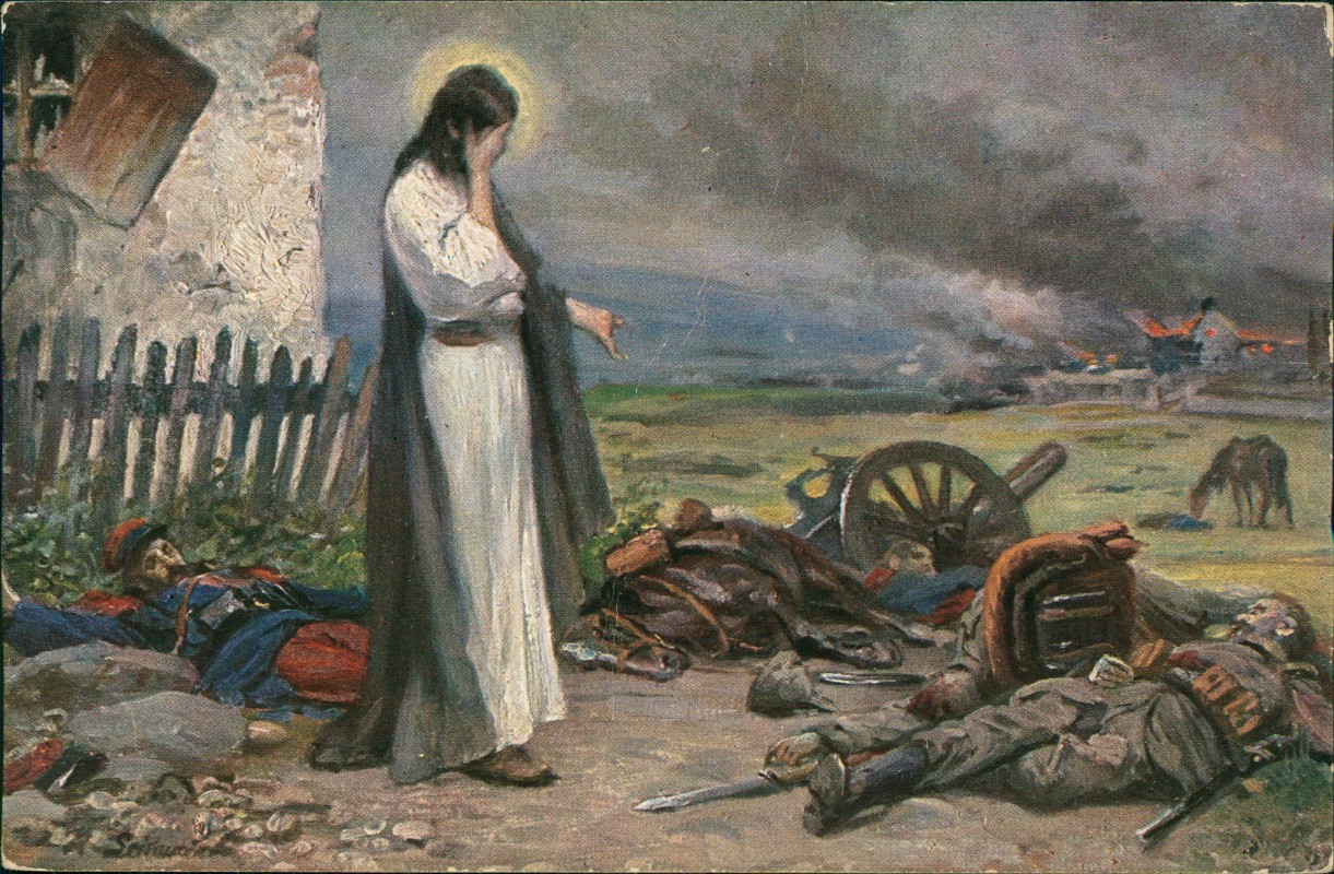 vergrößern: Bildseite historische Ansichtskarte von 1915: Militär Propaganda 1.WK Erster Weltkrieg trauender Jesus Schlachtfeld::