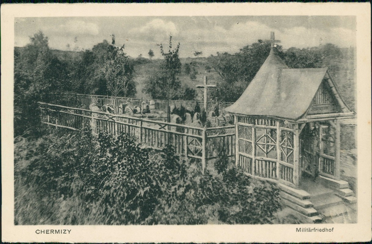 vergrößern: Bildseite historische Ansichtskarte von 1915: Militär Militärfriedhof WK1:: Chermizy-Ailles