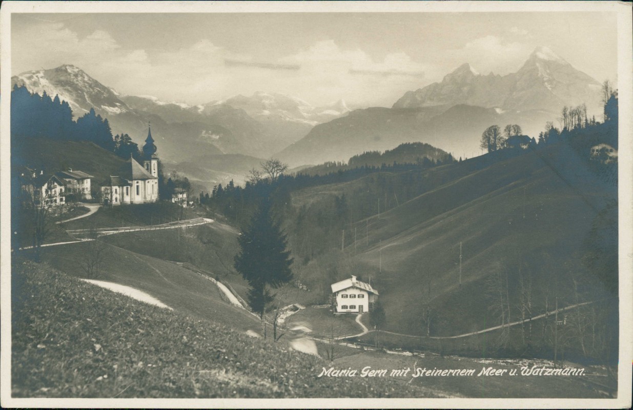 vergrößern: Bildseite historische Ansichtskarte von 1930: mit Steinernem Meer u. Watzmann.:: Maria Gern-Berchtesgaden