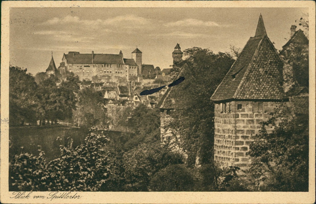 vergrößern: Bildseite historische Ansichtskarte von 1935: Blick vom Spittlerlor:: Nürnberg