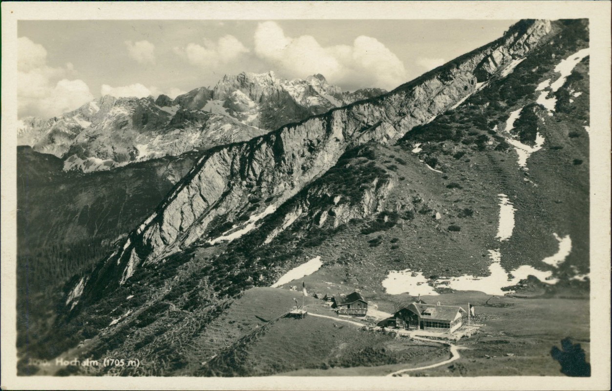 vergrößern: Bildseite historische Ansichtskarte von 1938: Hochalm an der Kreuzeckbahn - Fotokarte:: Garmisch-Partenkirchen