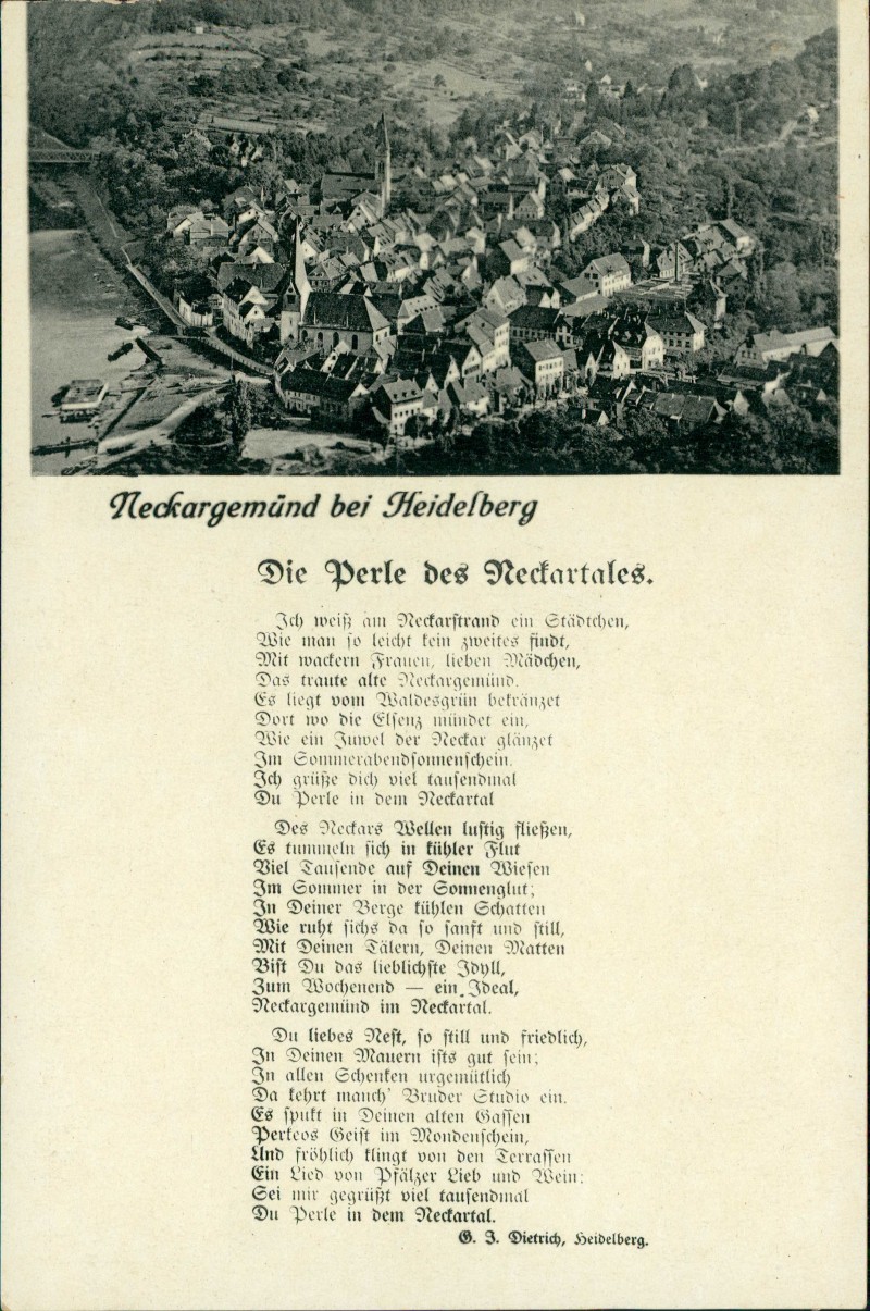 vergrößern: Bildseite historische Ansichtskarte von 1932: Luftbild und Gedicht von Dietrich:: Neckargemünd