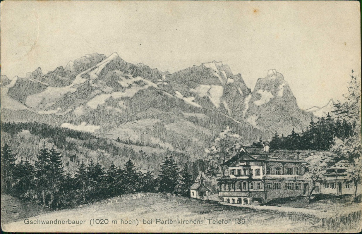 vergrößern: Bildseite historische Ansichtskarte von 1909: Gschwandnerbauer Künstlerkarte Federzeichnung:: Garmisch-Partenkirchen