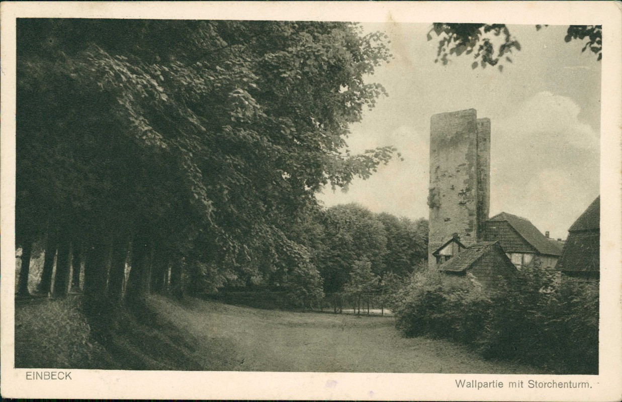 vergrößern: Bildseite historische Ansichtskarte von 1926: Wallpartie mit Storchenturm:: Einbeck