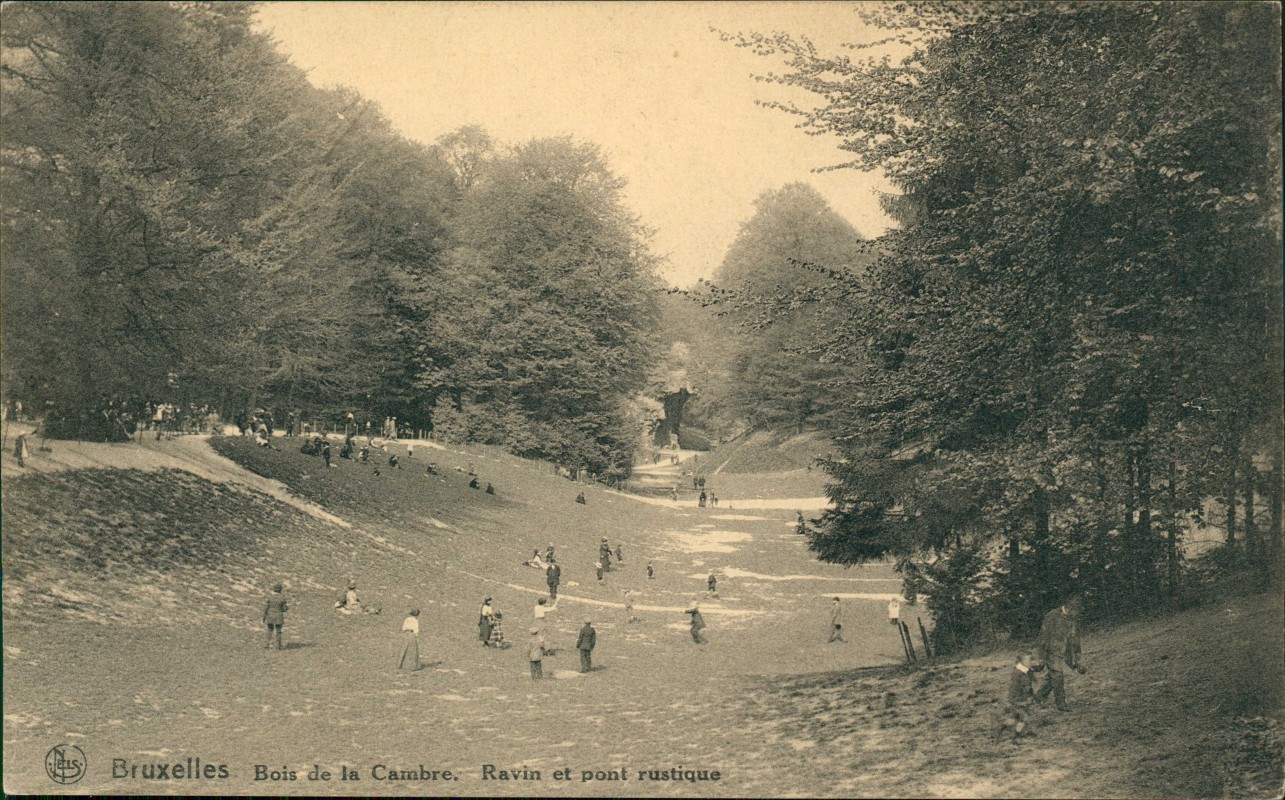 zoom: Image side vintage Postcard from 1914: Bois de la Cambre. Ravin et pont rustique:: Brussels