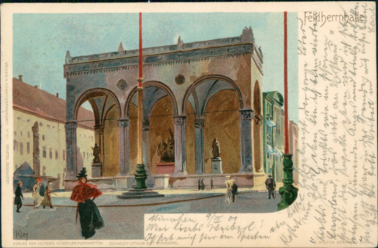 vergrößern: Bildseite historische Ansichtskarte von 1901: Feldherrnhalle Künstlerkarte KLEY:: München