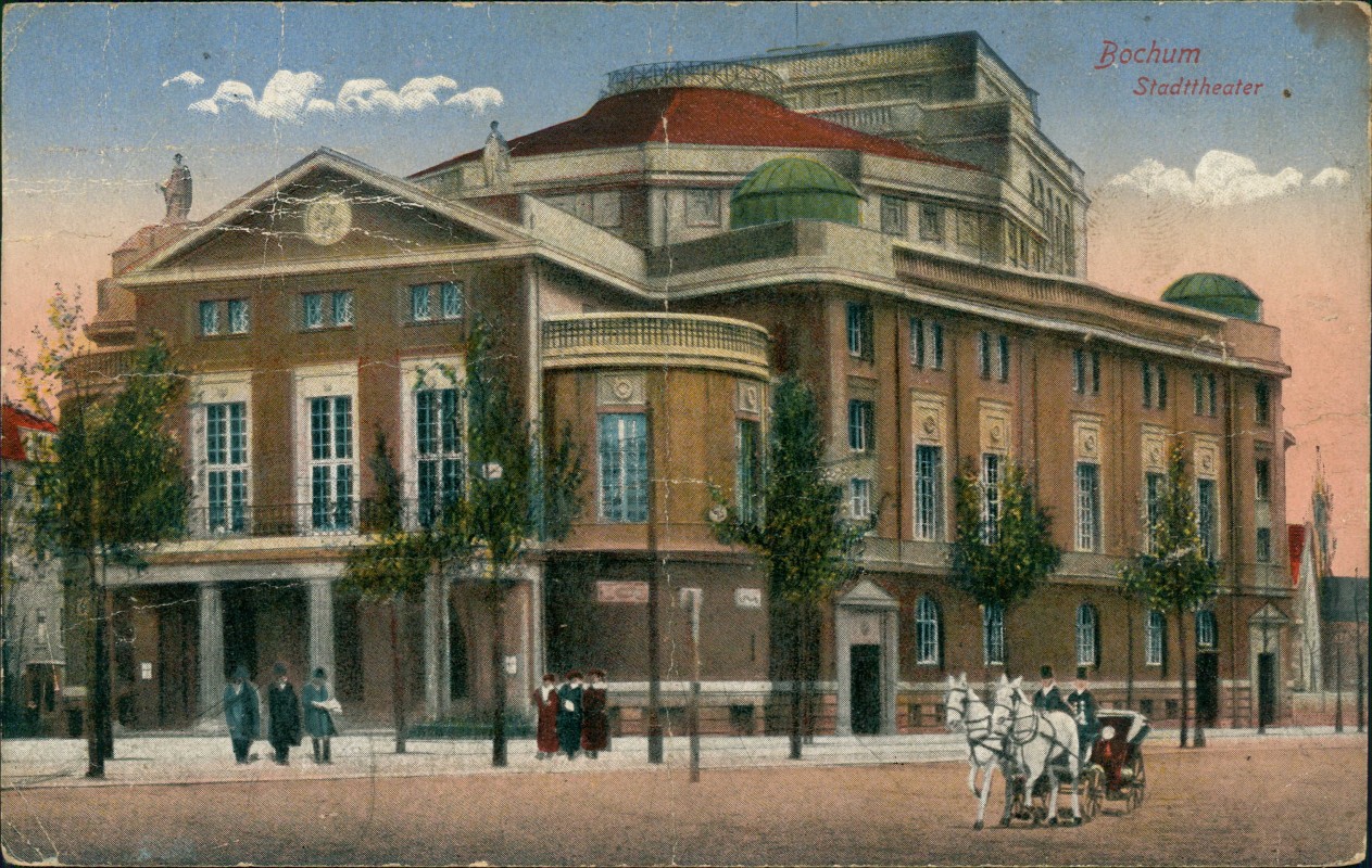 vergrößern: Bildseite historische Ansichtskarte von 1923: Stadttheater, Kutsche:: Bochum