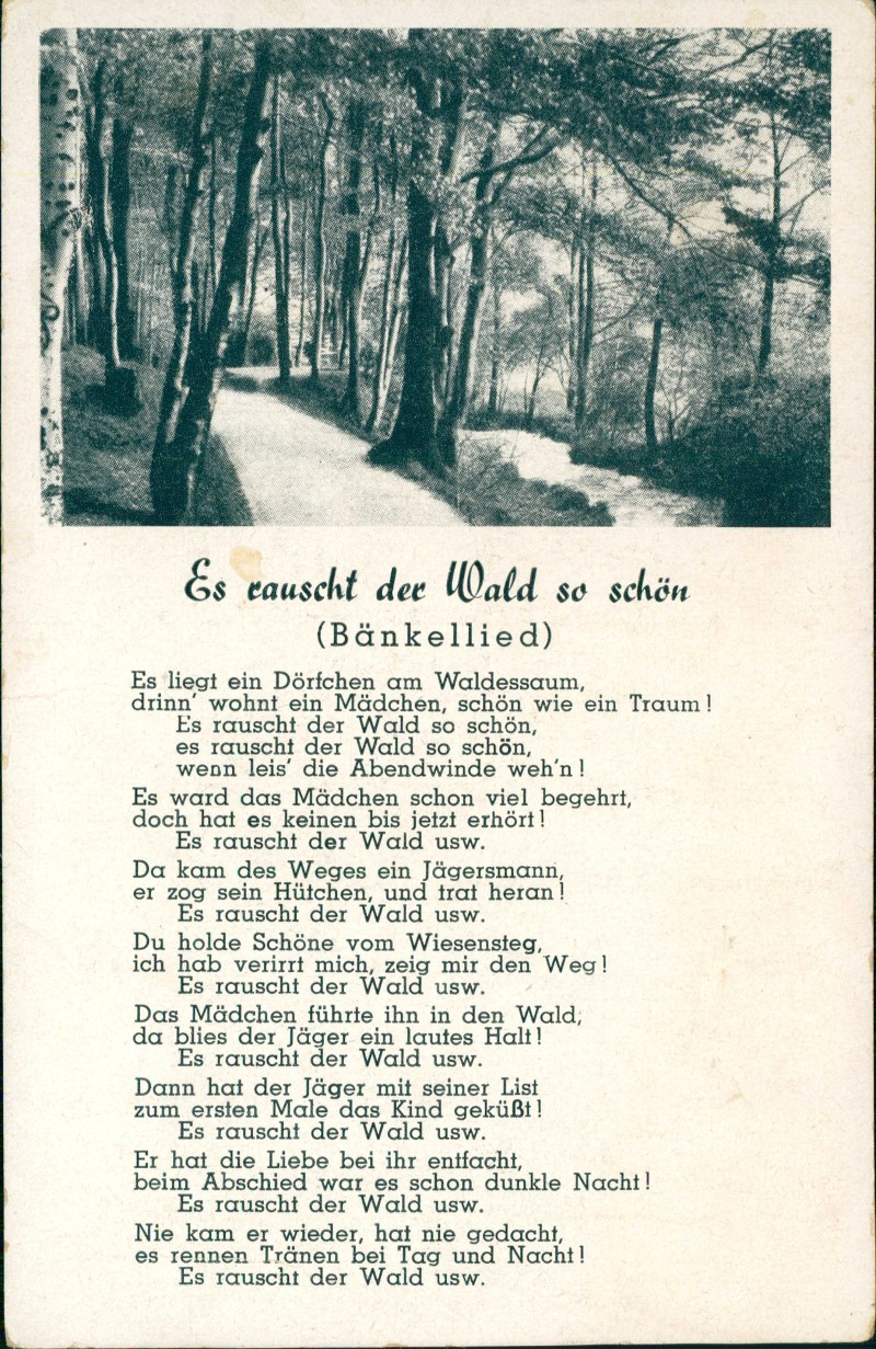 vergrößern: Bildseite historische Ansichtskarte von 1938: Es rauscht der Wald so schön (Bänkellied) Liedkarte::