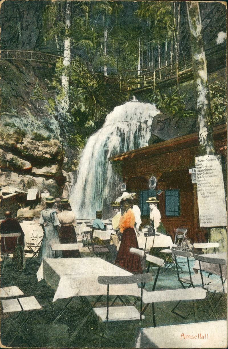 vergrößern: Bildseite historische Ansichtskarte von 1914: Amselfall Restauration feine Damen:: Rathen