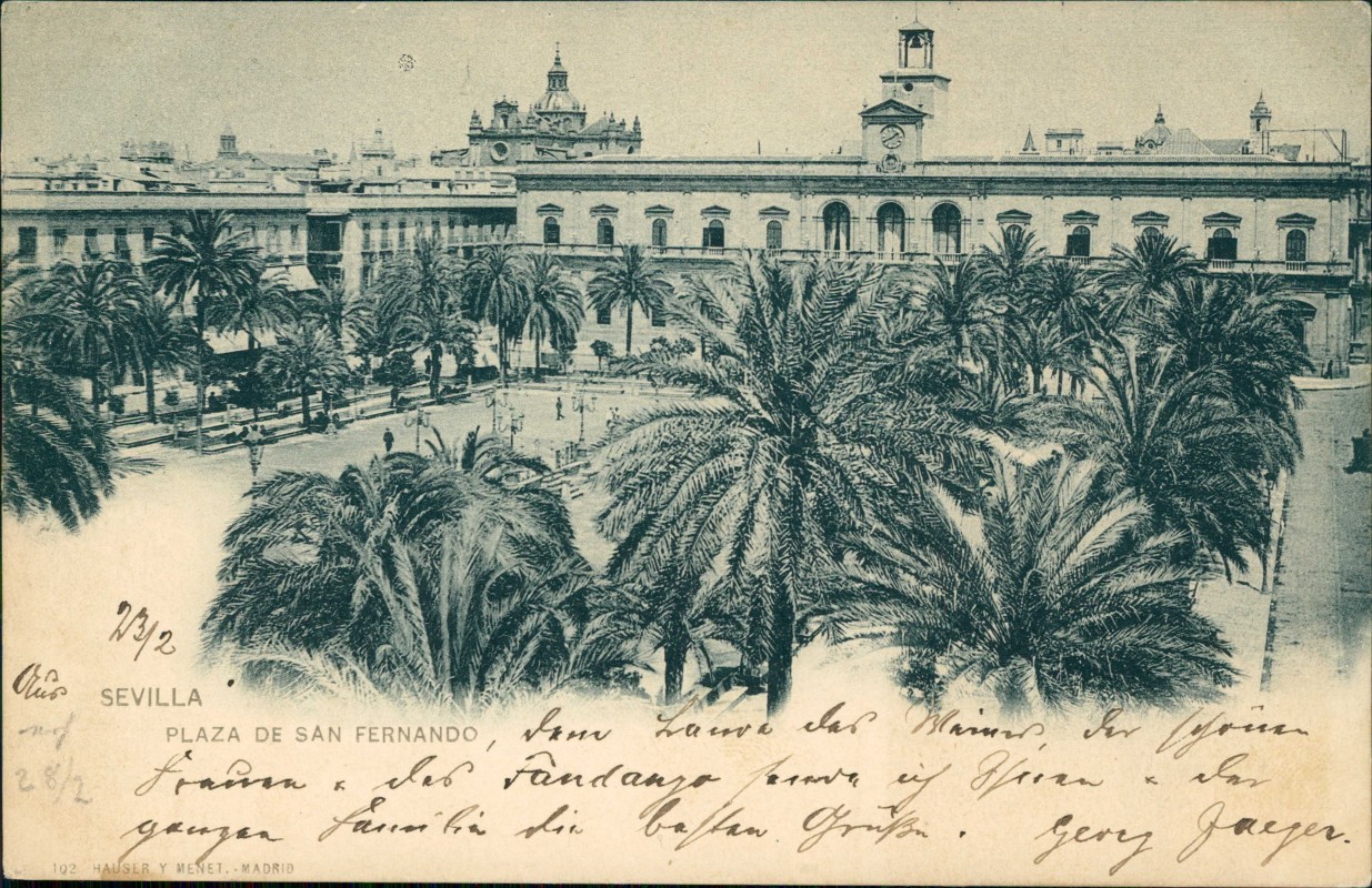 zoom: Image side vintage Postcard from 1903: Plaza de san Fernando:: Sevilla