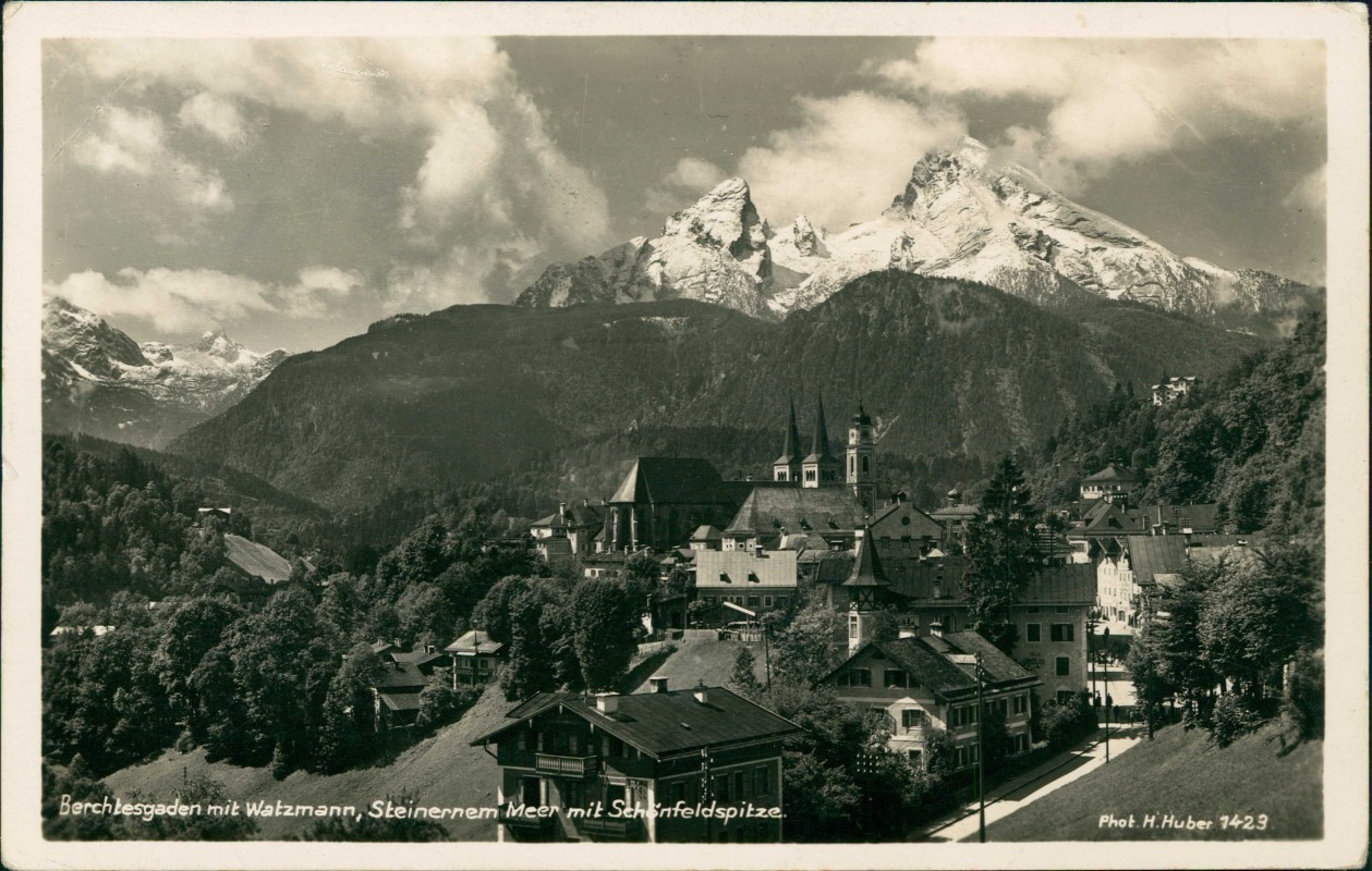 vergrößern: Bildseite historische Ansichtskarte von 1937: mit Watzmann, Steinernem Meer:: Berchtesgaden