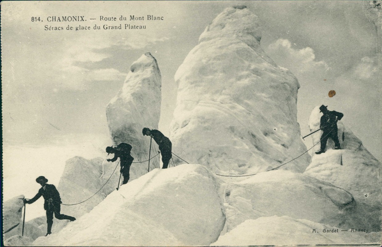 vergrößern: Bildseite historische Ansichtskarte von 1912: Bergsteiger Alpen Mont Blanc Grand Plateau::