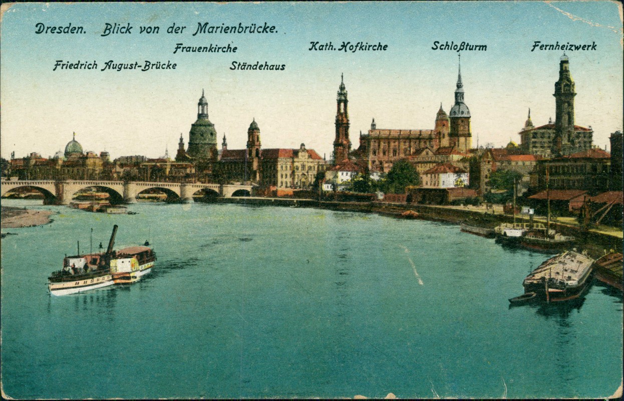 vergrößern: Bildseite historische Ansichtskarte von 1917: Blick von der Marienbrücke. - Elbdampfer:: Dresden