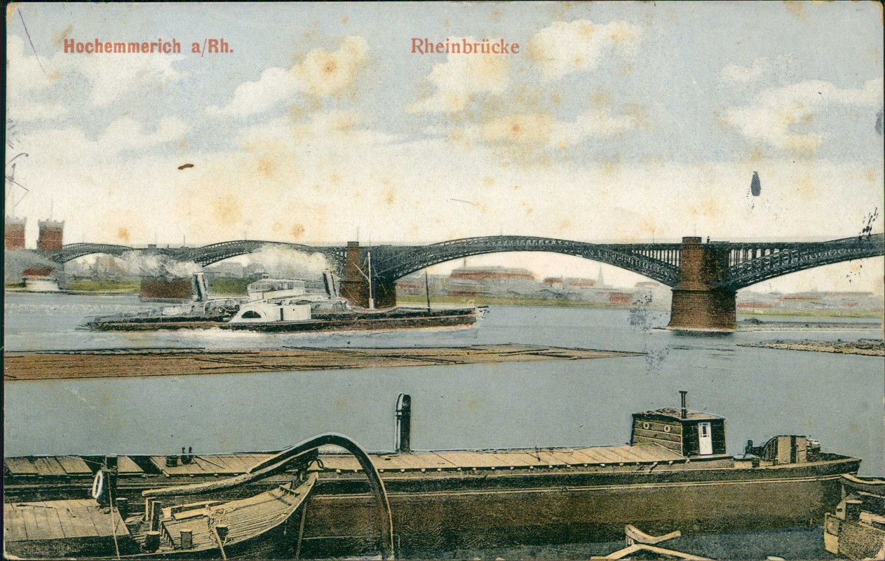 vergrößern: Bildseite historische Ansichtskarte von 1917: Hochemmerich Rheinbrücke Dampfer:: Rheinhausen-Duisburg