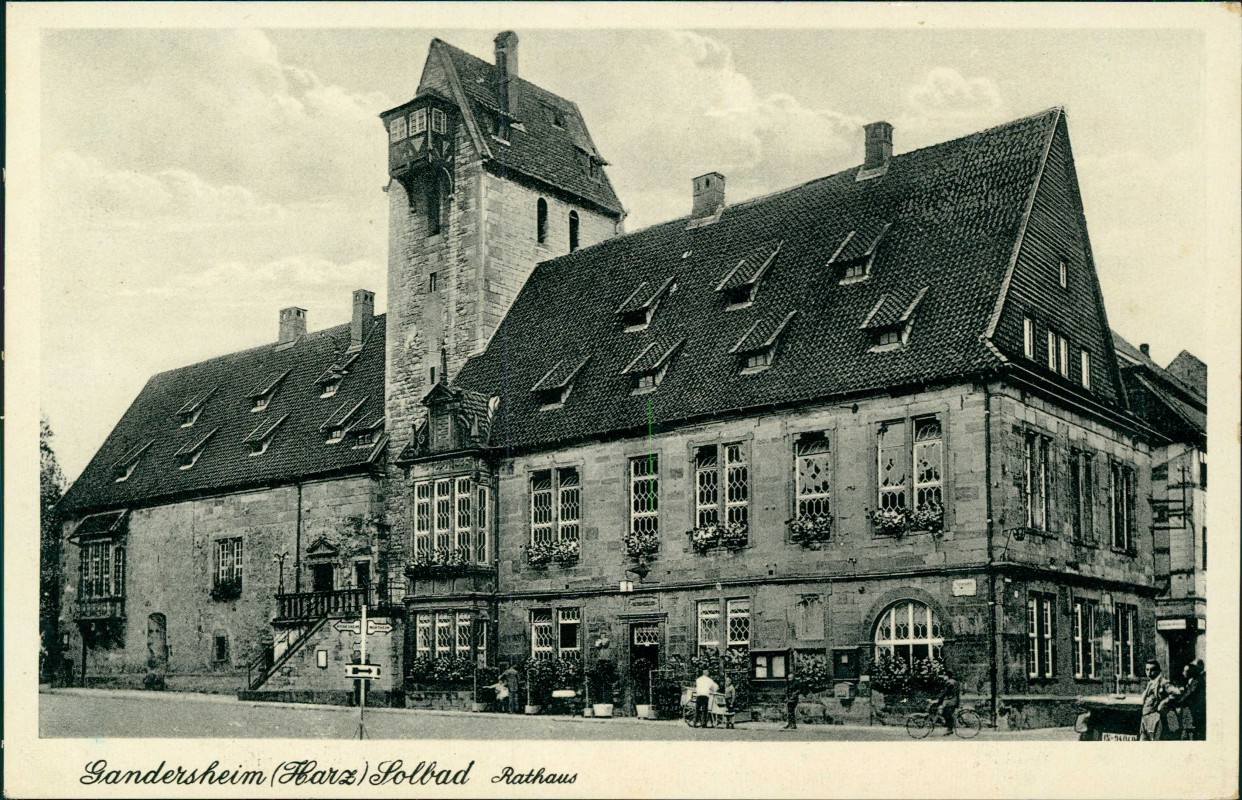 vergrößern: Bildseite historische Ansichtskarte von 1932: Rathaus Straßenpartie:: Bad Gandersheim