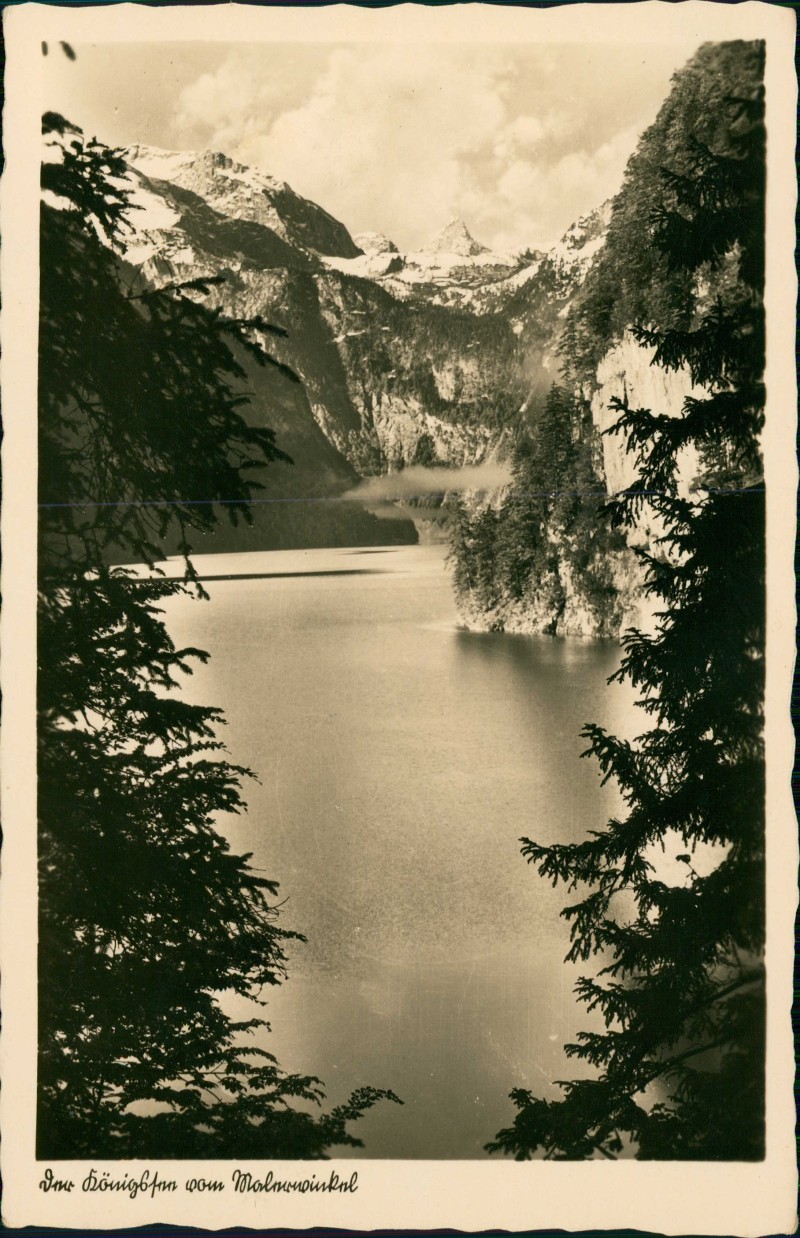 vergrößern: Bildseite historische Ansichtskarte von 1930: Malerwinkel am Königssee Stimmungsbild:: Schönau am Königssee