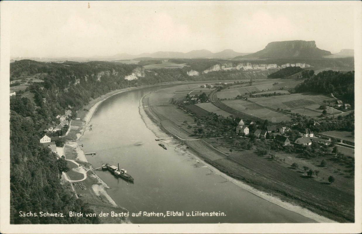 vergrößern: Bildseite historische Ansichtskarte von 1930: Blick von der Bastei auf Elbtal u. Lilienstein.:: Rathen