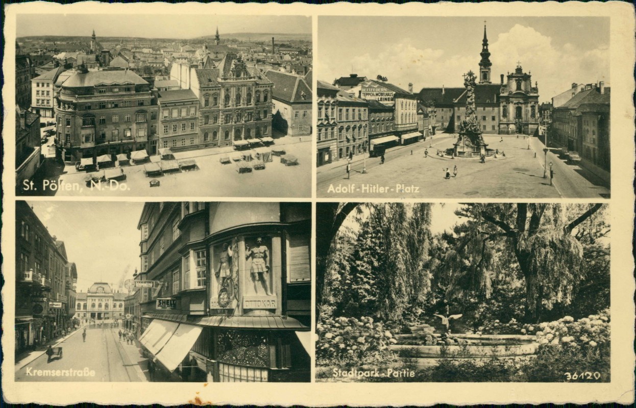 vergrößern: Bildseite historische Ansichtskarte von 1940: 4 Bild Platz Kremserstraße Park:: St. Pölten