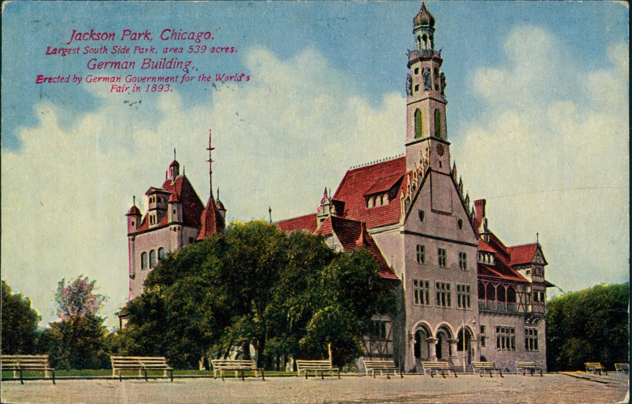 zoom: Image side vintage Postcard from 1919: Jackson Park, German Building:: Chicago