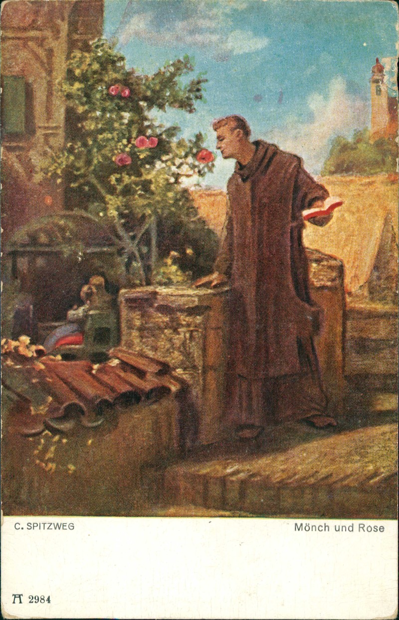 zoom: Image side vintage Postcard from 1918: Künstlerkarte Gemälde C. SPITZWEG Mönch und Rose::