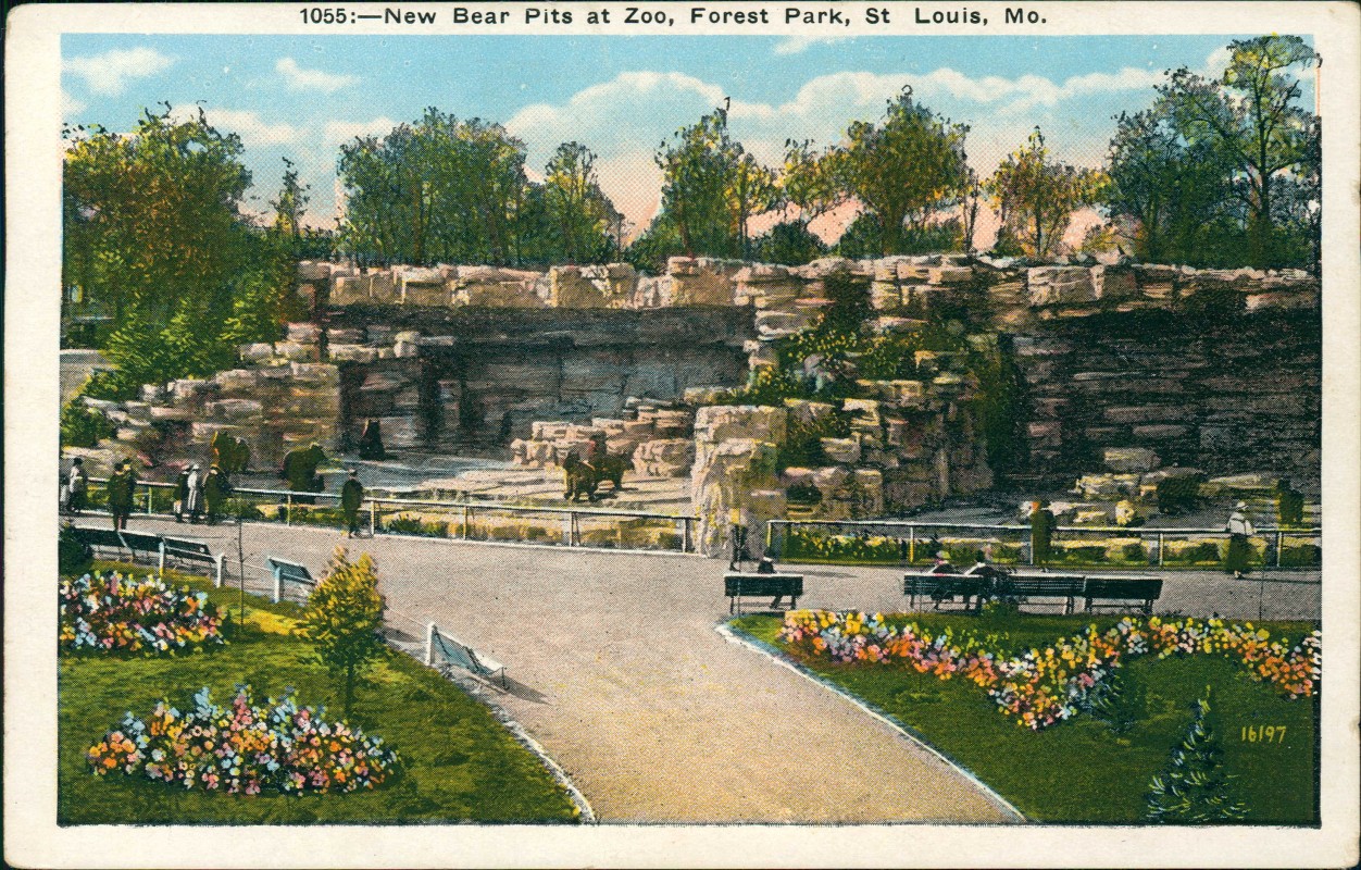 zoom: Image side vintage Postcard from 1938: New Bear Pits at Zoo, Forest Park:: Saint Louis