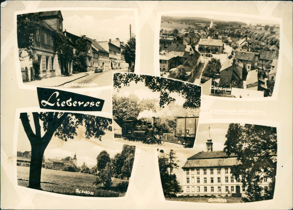 vergrößern: Bildseite historische Ansichtskarte von 1965: Straße Dampflokomotive Schloss:: Lieberose