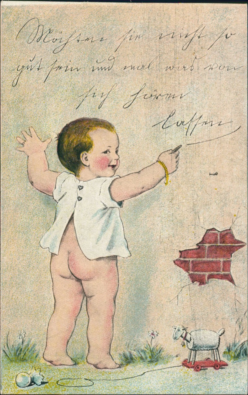 zoom: Image side vintage Postcard from 1921: Scherzkarte Kinder Künstlerkarte frecher Junge schreibt an Mauer::