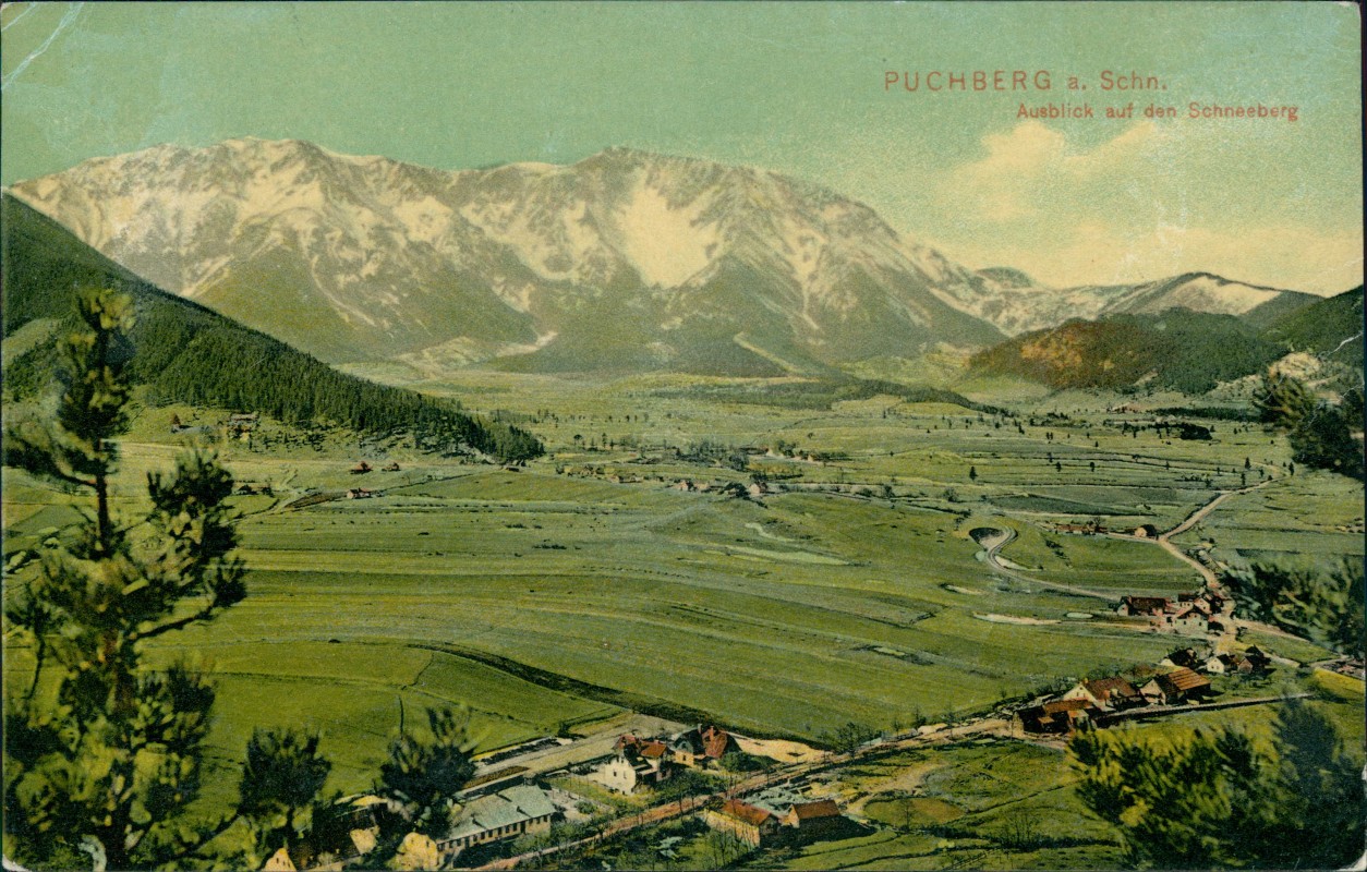 zoom: Image side vintage Postcard from 1909: Ausblick auf den Schneeberg:: Puchberg am Schneeberg