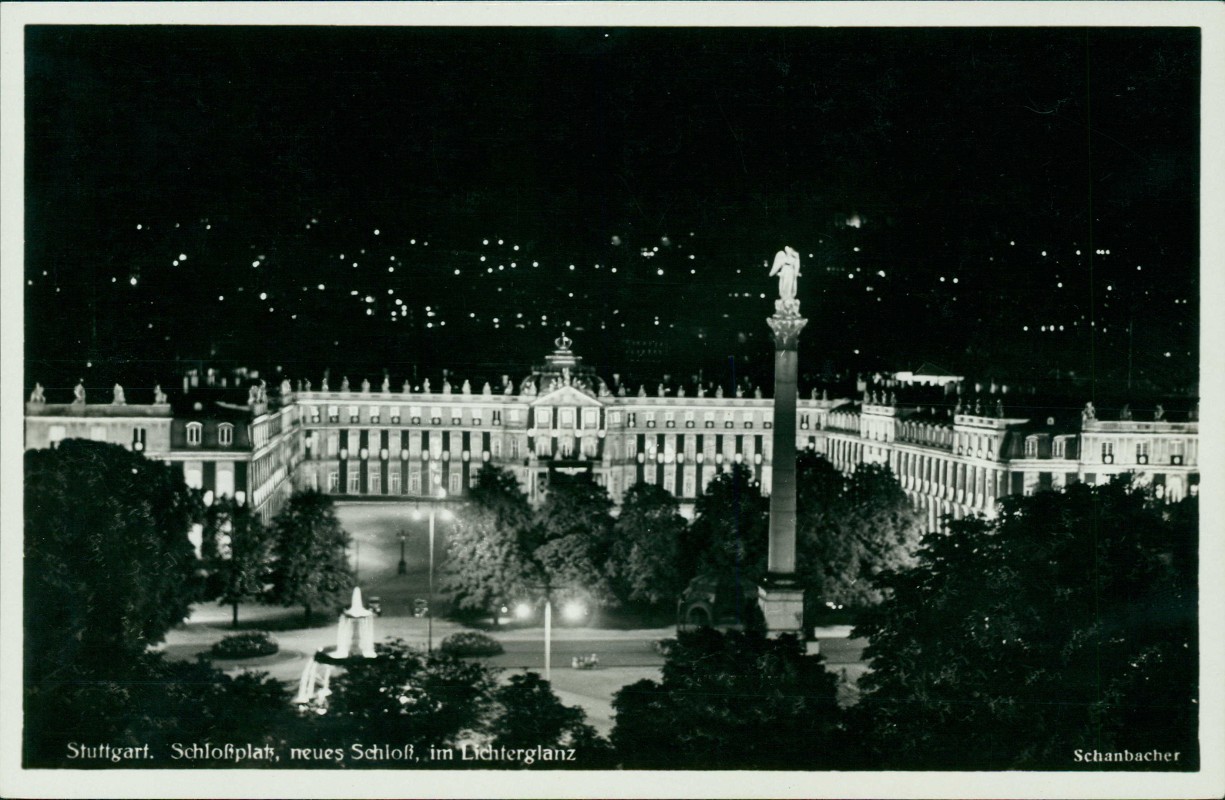 zoom: Image side vintage Postcard from 1936: Schloßplatz, neues Schloß bei Nacht im Lichterglanz:: Stuttgart
