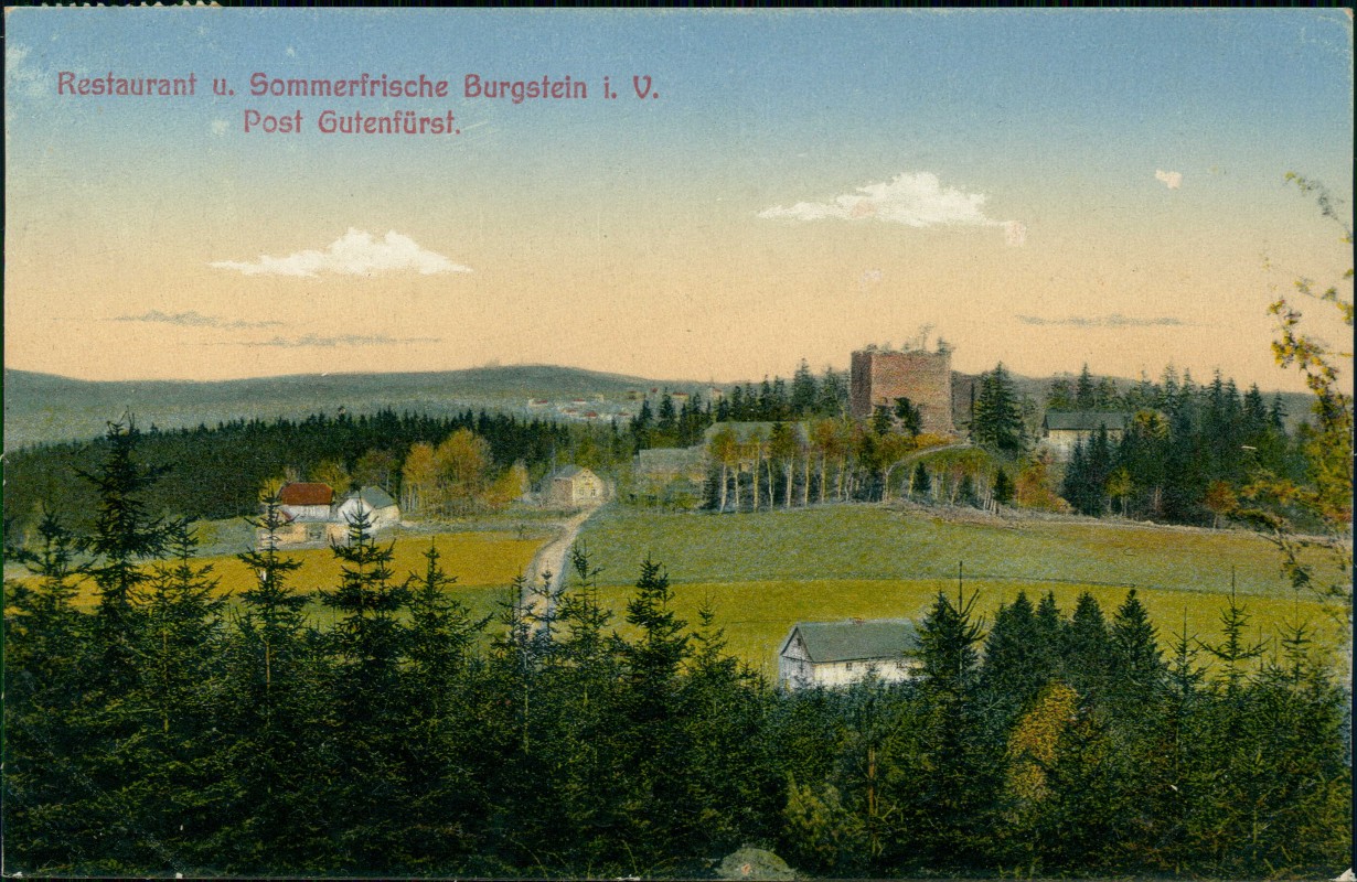 zoom: Image side vintage Postcard from 1912: Restaurant und Sommerfrische Post Gutenfürst:: Burgstein (Vogtland)