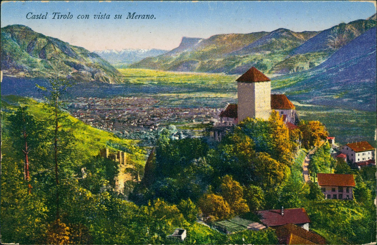 zoom: Image side vintage Postcard from 1919: Castel Tirolo con vista su Merano.:: Merano