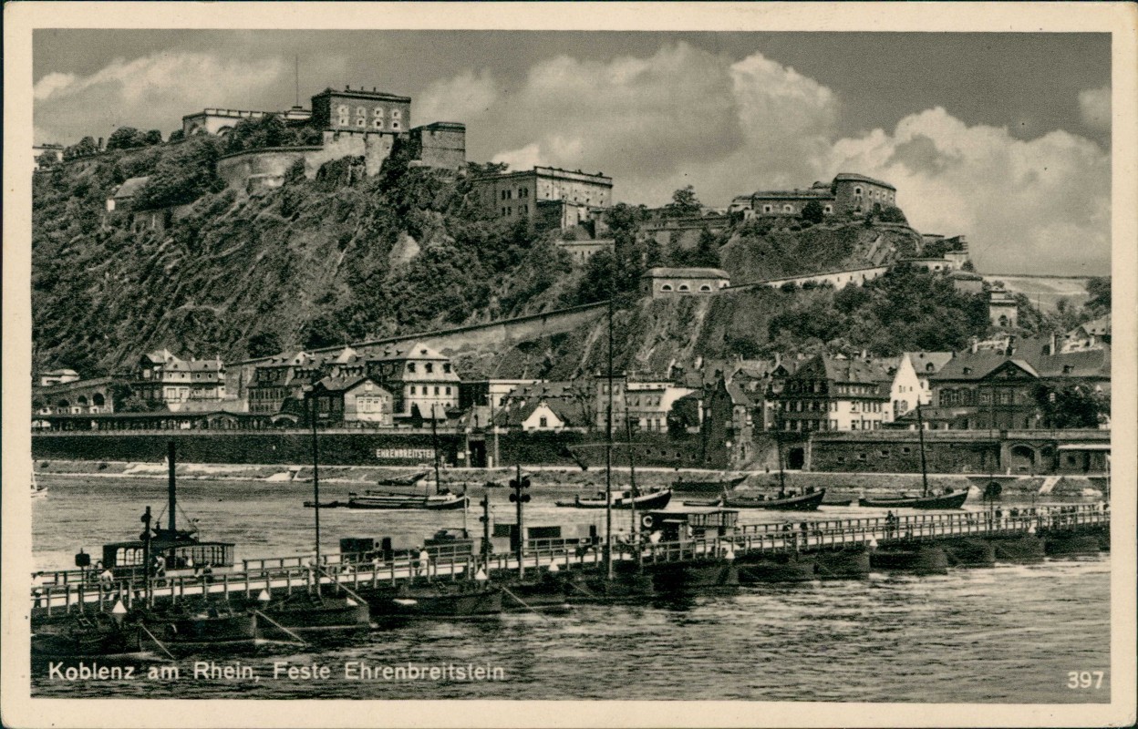 vergrößern: Bildseite historische Ansichtskarte von 1930: Festung Ehrenbreitstein, Behelfsbrücke:: Koblenz
