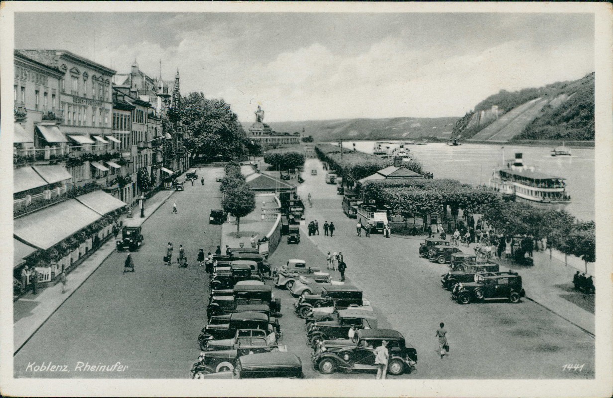 vergrößern: Bildseite historische Ansichtskarte von 1932: Rheinufer Autos Dampfschiff:: Koblenz