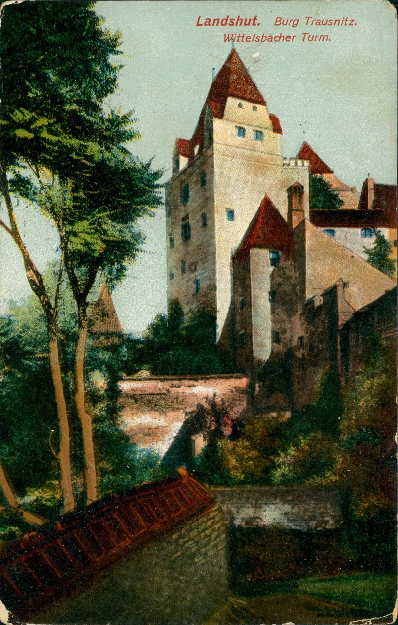 vergrößern: Bildseite historische Ansichtskarte von 1914: Burg Trausnitz. Wittelsbacher Turm.:: Landshut