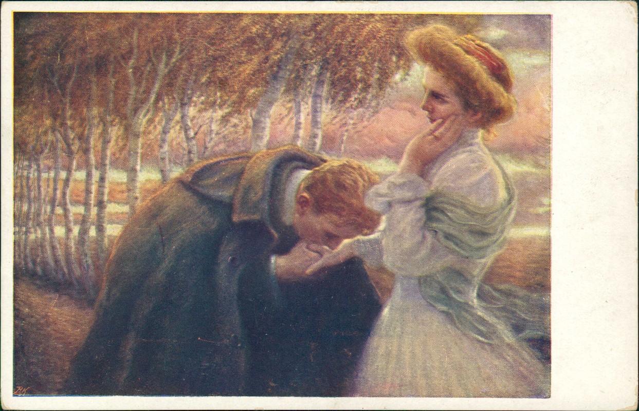 vergrößern: Bildseite historische Ansichtskarte von 1912: Künstlerkarte Wiener Kunst Handkuss Liebe::