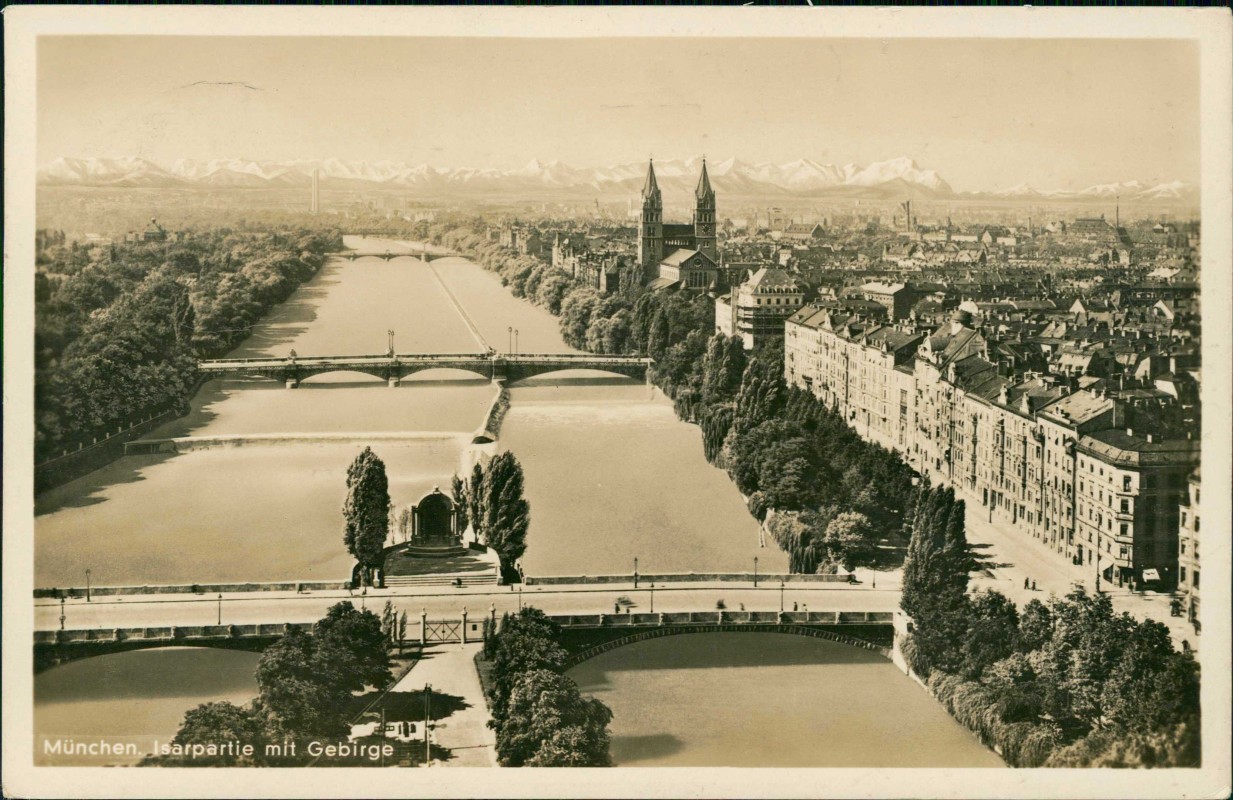 vergrößern: Bildseite historische Ansichtskarte von 1938: Isarpartie mit Gebirge - Fotokunst:: München