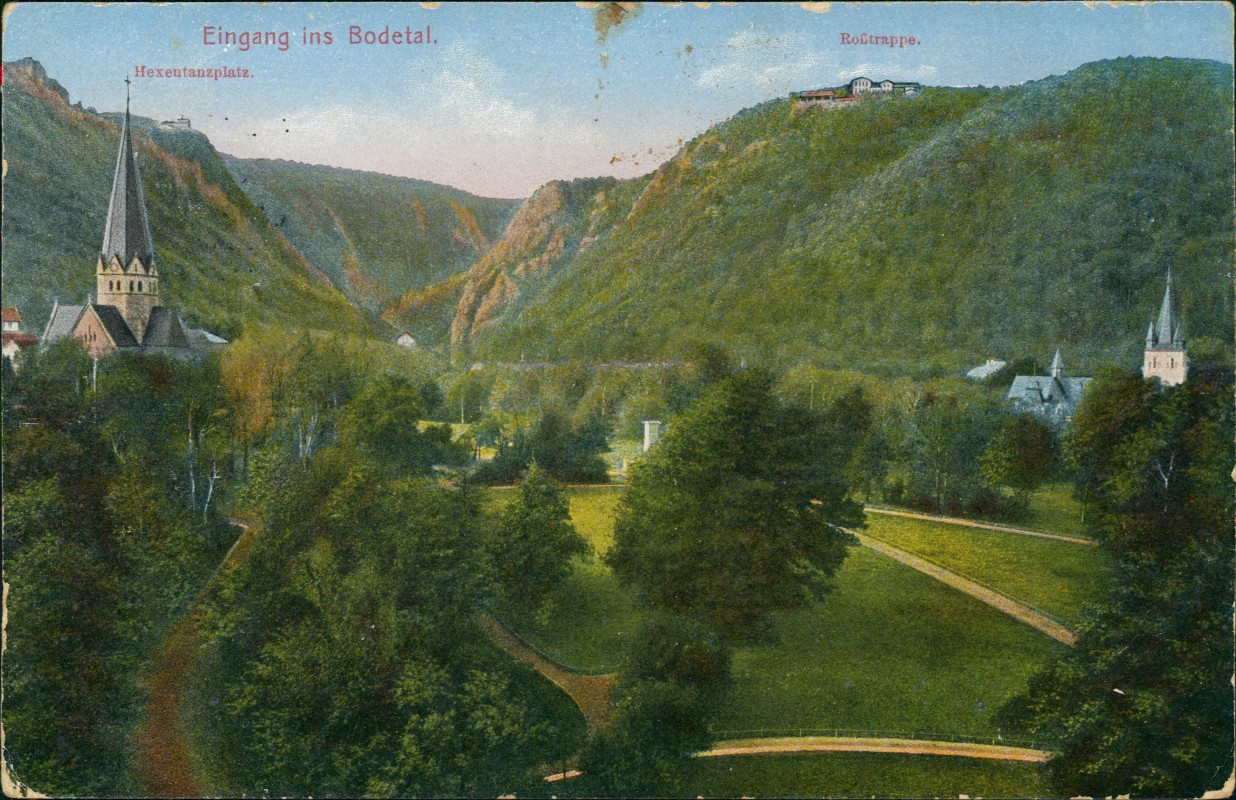 vergrößern: Bildseite historische Ansichtskarte von 1916: Eingang ins Bodetal. Roßtrappe.:: Treseburg