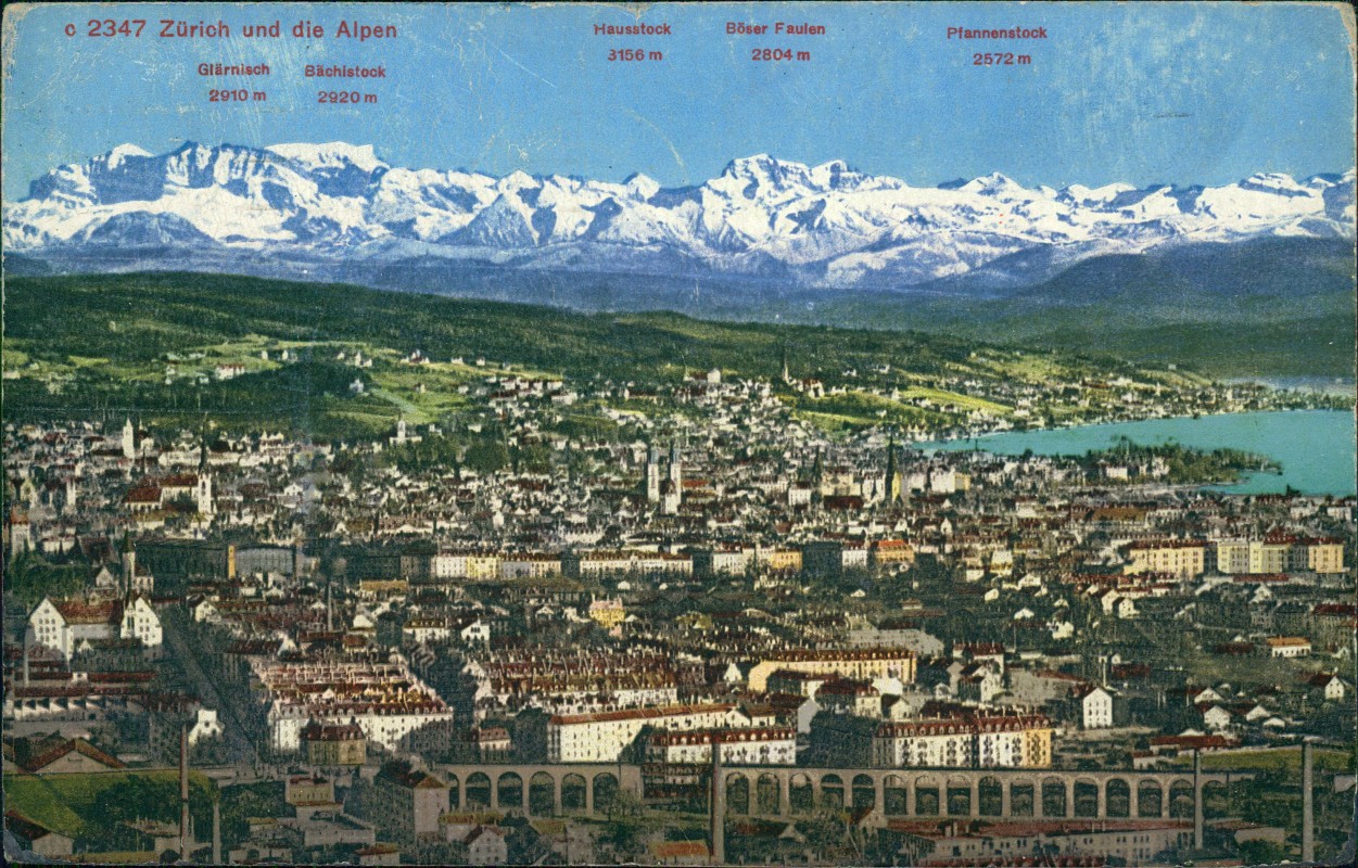vergrößern: Bildseite historische Ansichtskarte von 1928: Fernblick auf Stadt und Alpen Photochromie:: Zürich