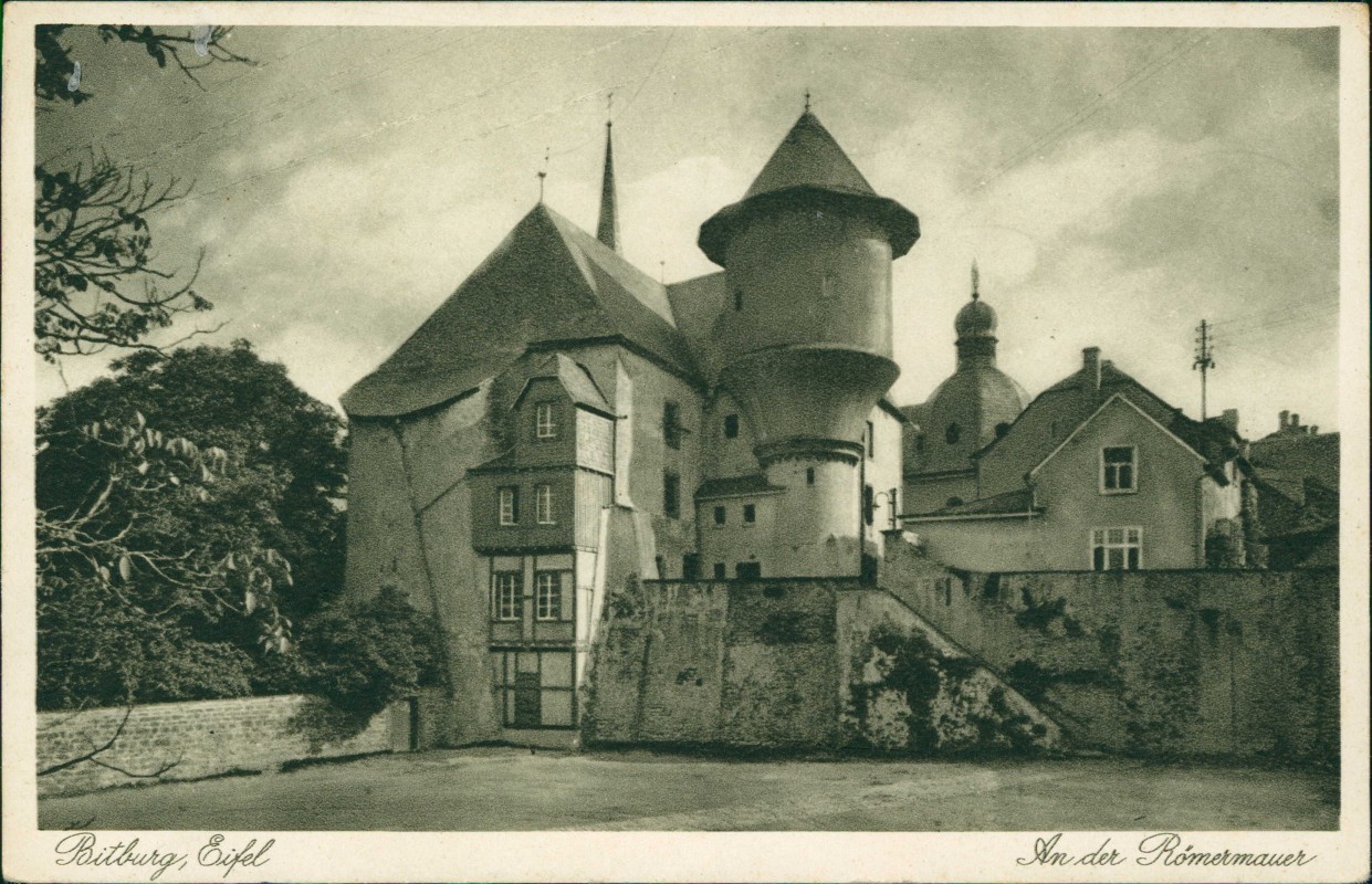 zoom: Image side vintage Postcard from 1937: An der Römermauer:: Bitburg