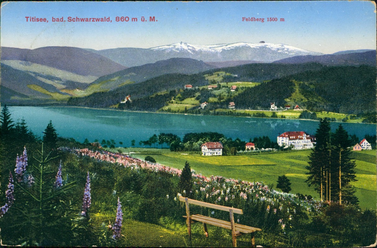 vergrößern: Bildseite historische Ansichtskarte von 1936: Blick von der Bank:: Titisee-Titisee-Neustadt