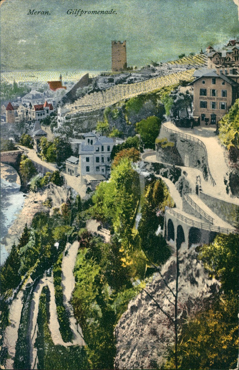 vergrößern: Bildseite historische Ansichtskarte von 1909: Gilfpromenade - Künstlerkarte:: Meran