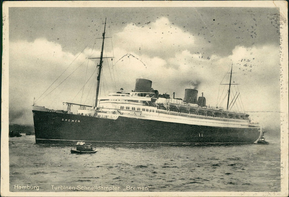 zoom: Image side vintage Postcard from 1929: Turbinen-Schnelldampfer Bremen mit Beiboot::