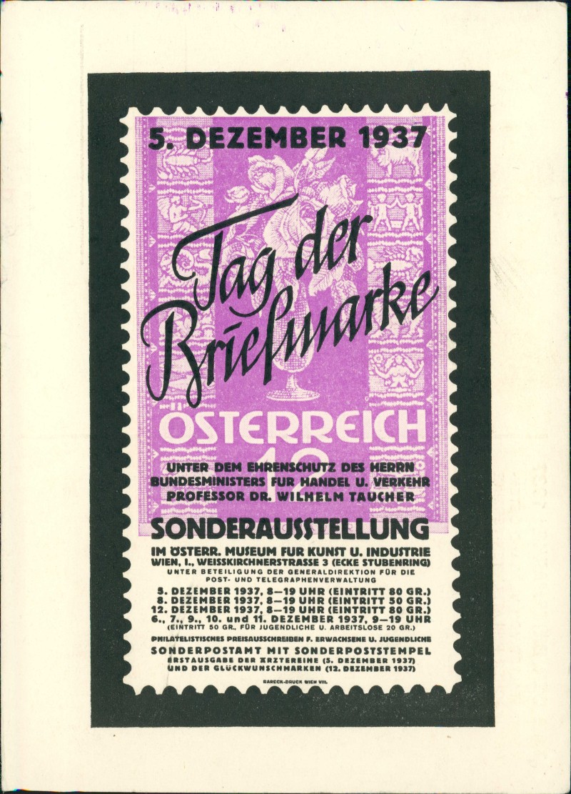 vergrößern: Bildseite historische Ansichtskarte von 1937: Tag der Briefmarke Österreich - Wien::