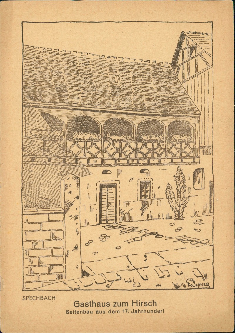 vergrößern: Bildseite historische Ansichtskarte von 1932: Gasthaus zum Hirsch Seitenbau Künstlerkarte:: Spechbach Kraichgau