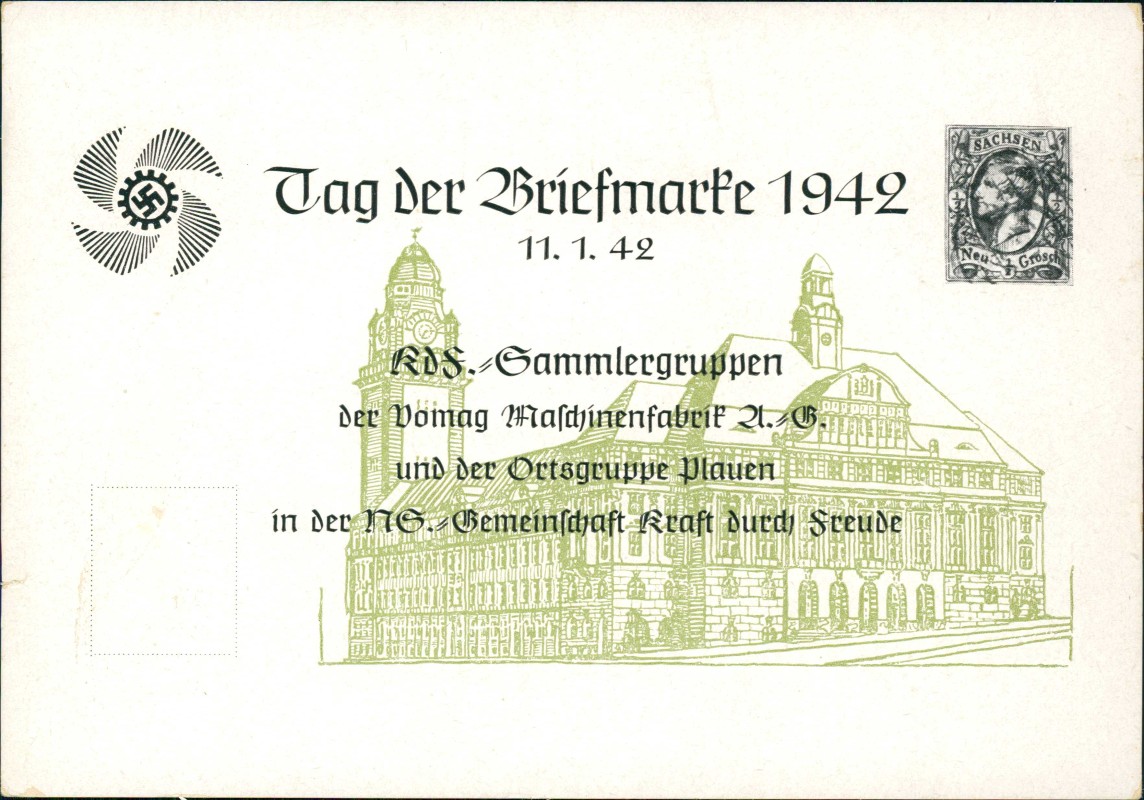zoom: Image side vintage Postcard from 1942: Tag der Briefmarke Plauen Vogtland Propaganda::