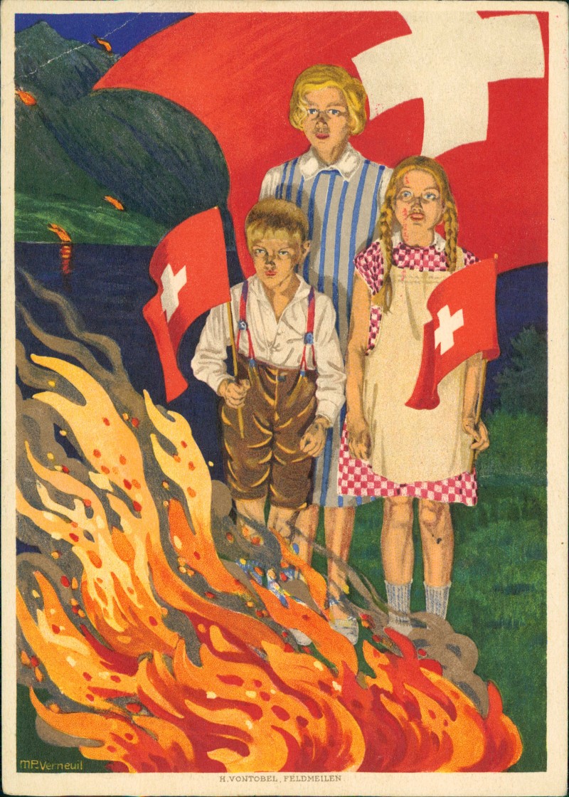 vergrößern: Bildseite historische Ansichtskarte von 1930: Schweiz Helvetia Künstlerkarte zur Bundesfeier Patriotika:: .Schweiz