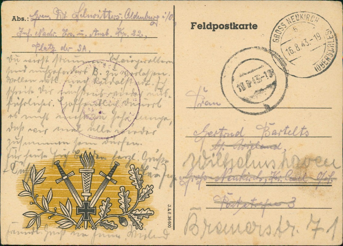 vergrößern: Bildseite historische Ansichtskarte von 1943: Feldpost II. Weltkrieg Eichenlaub Schwerter Militaria::