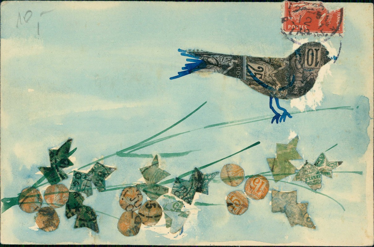 vergrößern: Bildseite historische Ansichtskarte von 1912: Briefmarken Ansichtskarte Vogel auf Strauch::