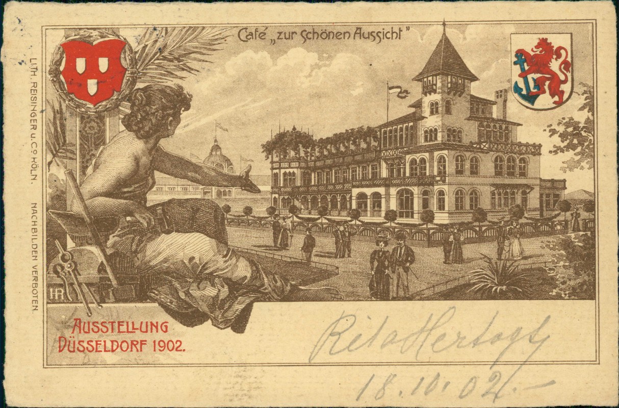 zoom: Image side vintage Postcard from 1902: Ausstellung Künstlerkarte Cafe zur schönen Aussicht:: Düsseldorf