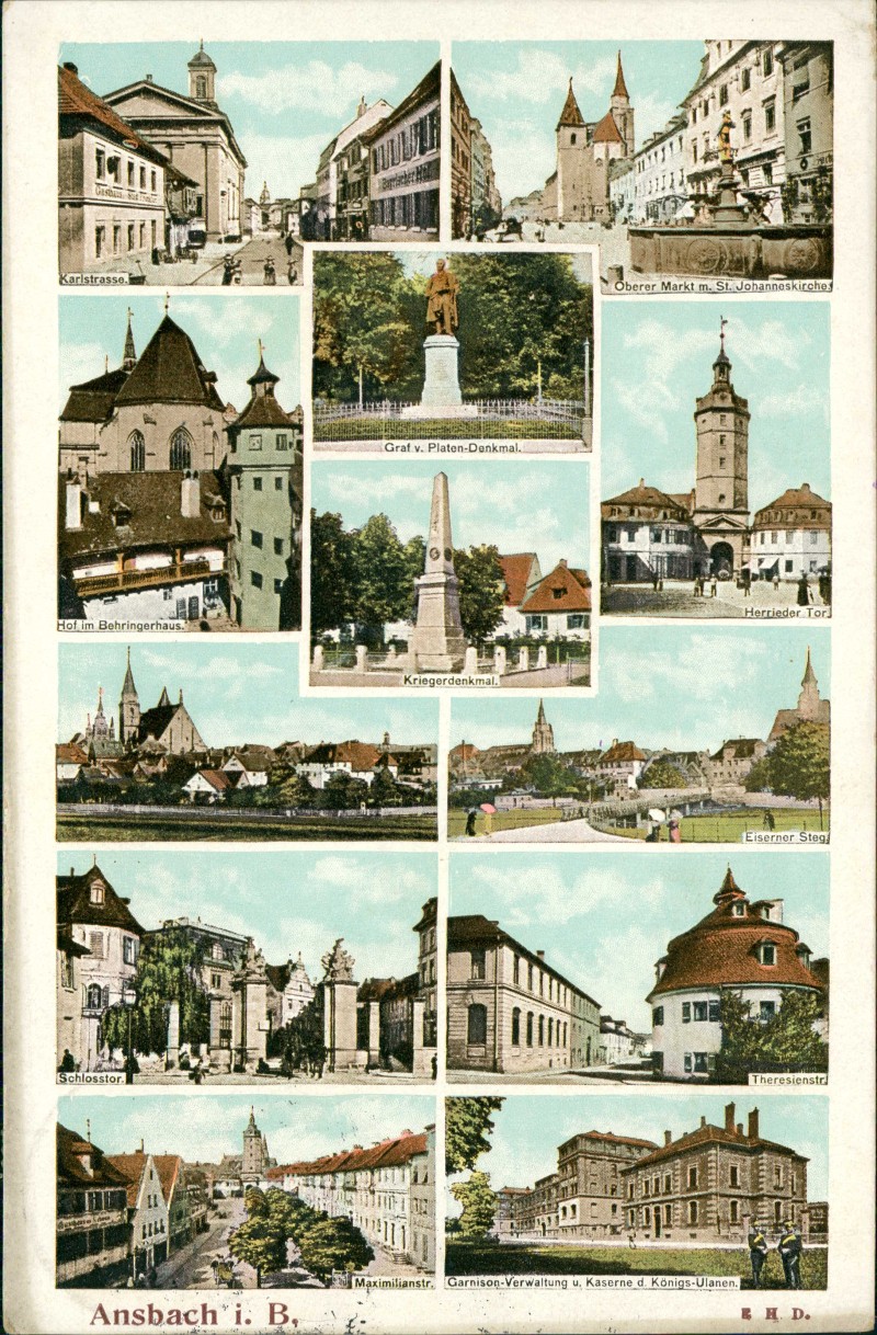 zoom: Image side vintage Postcard from 1908: Stadtteilansichten Straßen Denkmäler:: Ansbach